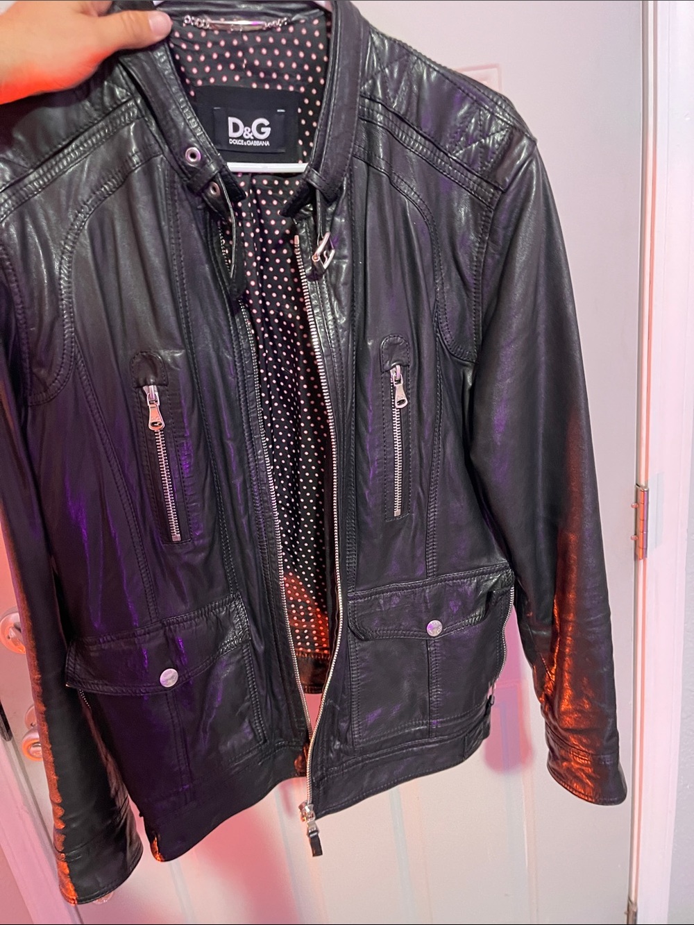 D&G Black multi zip pocket Leather Jacket size 54 with Polka Dot Lining